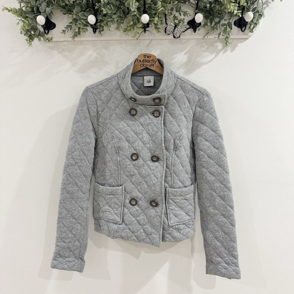 Cabi #3182 gray quilted double-breasted cotton knit jacket Small JJ4616